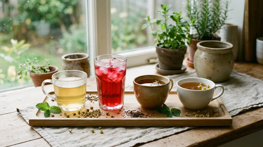 Four tea cups on an oak tray representing a morning, midday, afternoon, and evening summer tea routine