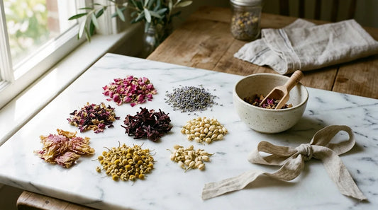 Flat-lay of dried floral tea botanicals including rose petals, lavender buds, hibiscus, jasmine, chamomile, and peony on white marble with a ceramic bowl and linen ribbon