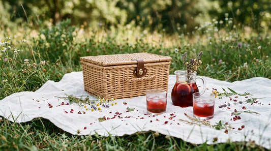 Glass pitcher of hibiscus iced tea beside a wicker picnic basket on a white linen blanket with rose petals and wildflowers