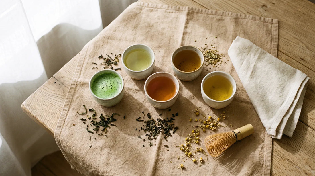 Five ceramic cups of different teas arranged in an arc on a linen cloth representing a complete daily focus tea routine