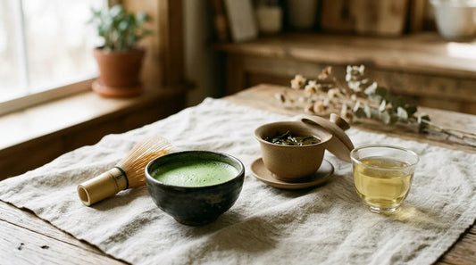 Matcha bowl with bamboo whisk, clay gaiwan, and glass teacup arranged on linen cloth representing focus tea options