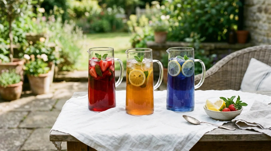 Three glass pitchers of red hibiscus, golden peach, and indigo butterfly pea iced tea on a white linen table with summer garnishes