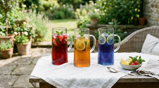 Three glass pitchers of red hibiscus, golden peach, and indigo butterfly pea iced tea on a white linen table with summer garnishes