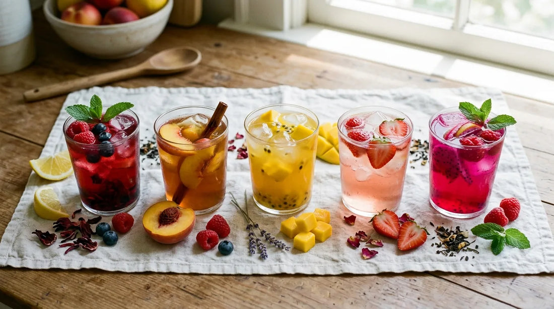 Five glasses of fruit iced tea in jewel-toned colors arranged on white linen with fresh fruit slices — a fruit iced tea pairing guide