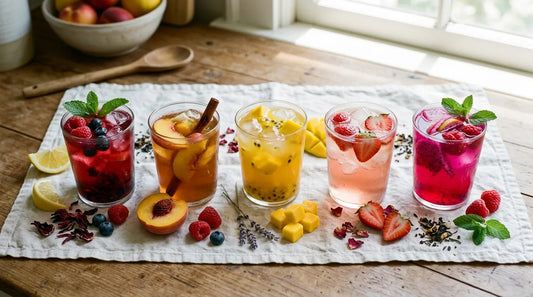 Five glasses of fruit iced tea in jewel-toned colors arranged on white linen with fresh fruit slices — a fruit iced tea pairing guide