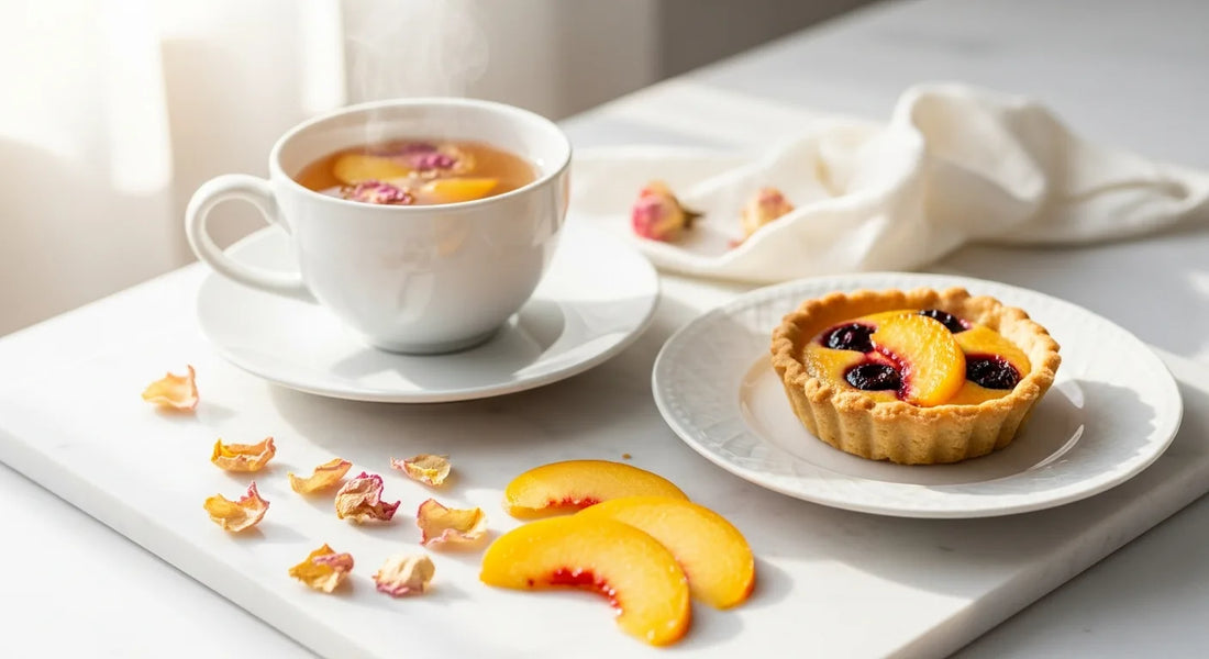 Best tea for light desserts — fruit tea in a white cup beside a glazed fruit tart on marble with rose petals