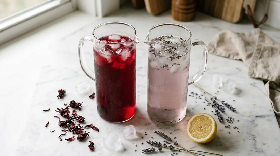 Two glass pitchers of iced tea side by side on marble — deep ruby hibiscus and pale lavender floral — surrounded by dried botanicals and ice cubes