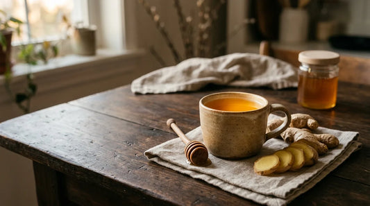 Ceramic mug of golden ginger tea on a walnut surface with fresh sliced ginger root and a honey dipper on linen cloth