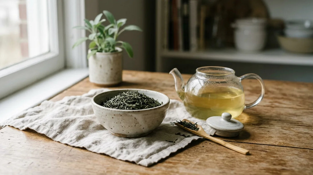 Dry green tea leaves in a ceramic bowl beside a glass teapot of brewed green tea on a linen cloth