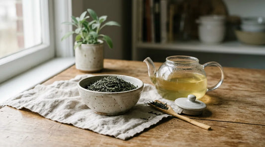 Dry green tea leaves in a ceramic bowl beside a glass teapot of brewed green tea on a linen cloth