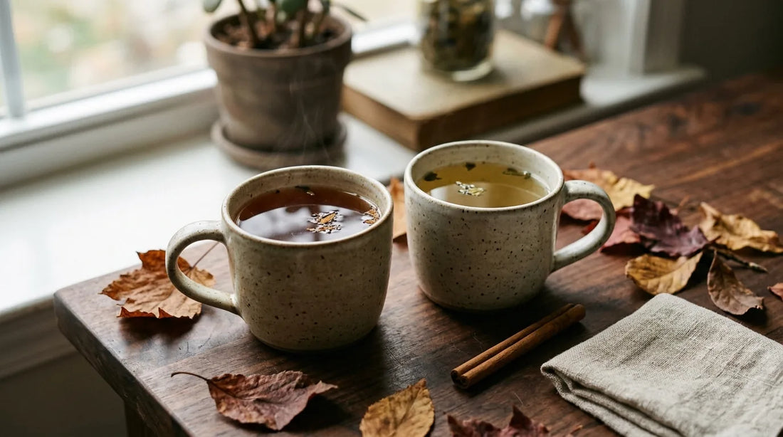 Two ceramic mugs of green tea and black tea side by side on a walnut surface surrounded by rust and ochre autumn leaves and a cinnamon stick
