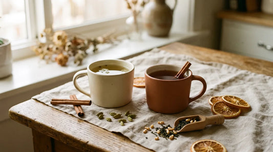 Two ceramic mugs on an oak table — one with pale green tea, one with amber spiced chai — surrounded by cinnamon sticks, cardamom pods, and dried orange slices in warm autumn light