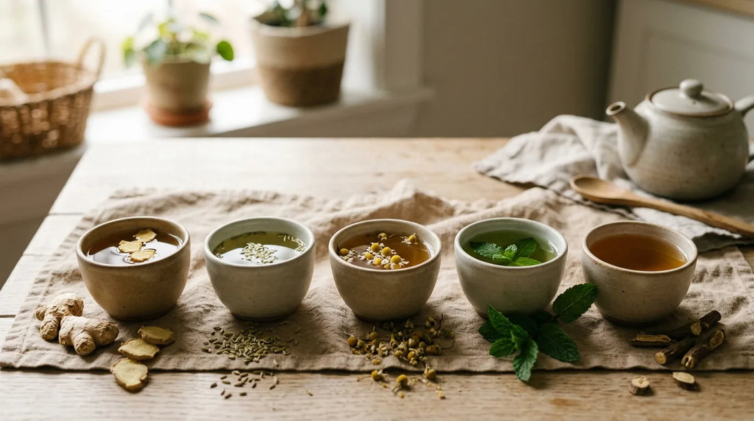 Five unglazed ceramic cups of different herbal digestive teas arranged on linen with dried ginger, fennel seeds, chamomile flowers, and mint sprigs