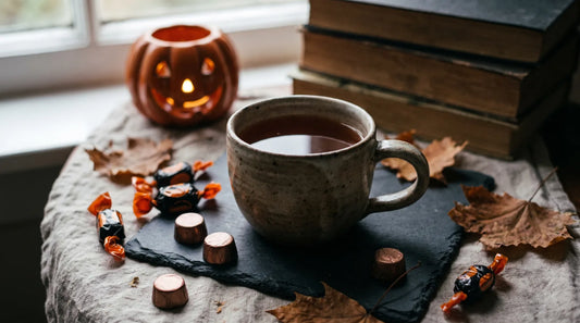 Ceramic mug of amber black tea on dark slate surrounded by Halloween candy and dried autumn leaves with candlelight