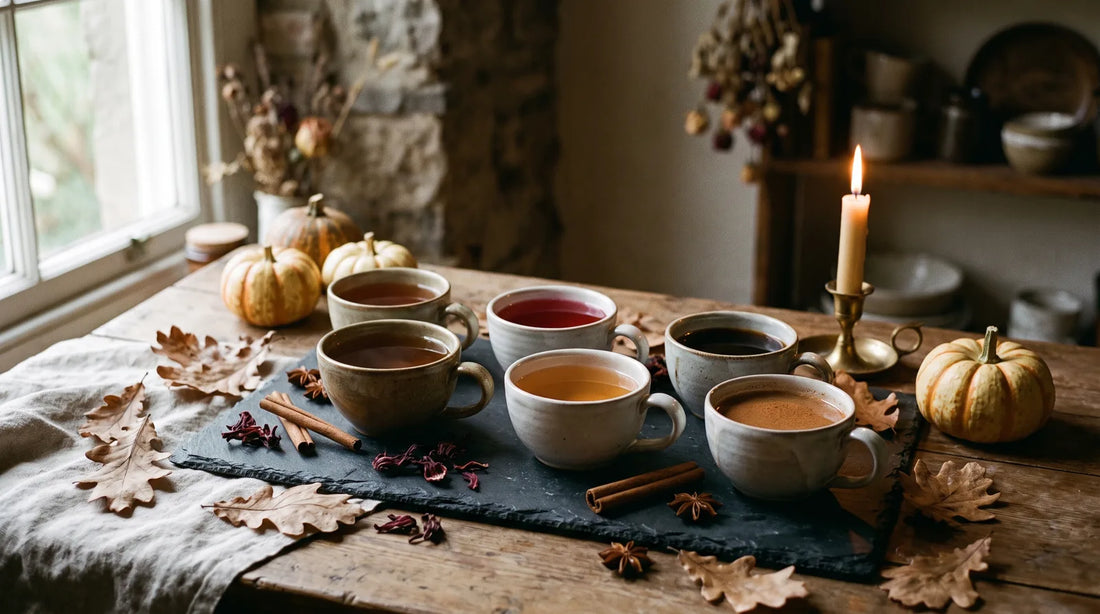 Six ceramic teacups filled with different colored teas on dark slate surrounded by autumn leaves, cinnamon sticks, dried hibiscus petals, and small pumpkins in a moody candlelit Halloween setting
