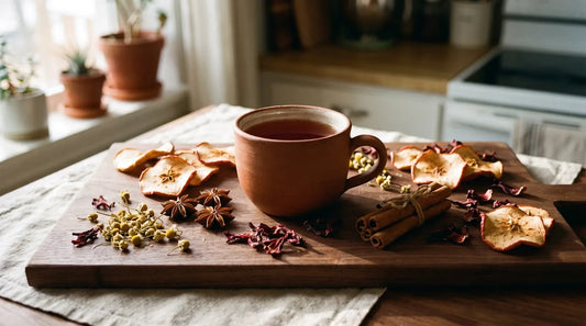 Ceramic mug of amber herbal tea surrounded by cinnamon sticks, dried apple slices, star anise, and chamomile flowers on a dark walnut wood surface