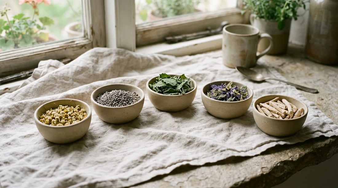 Five unglazed ceramic bowls of dried calming botanicals — chamomile, lavender, lemon balm, passionflower, and ashwagandha root — arranged on a pale linen cloth in soft natural light