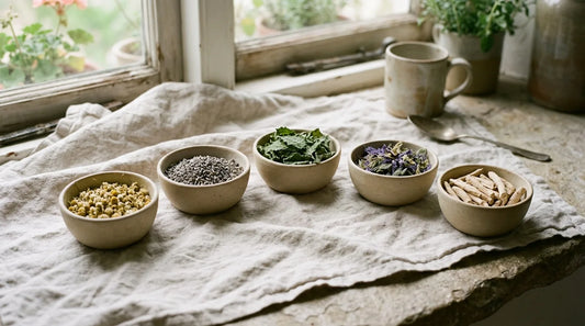 Five unglazed ceramic bowls of dried calming botanicals — chamomile, lavender, lemon balm, passionflower, and ashwagandha root — arranged on a pale linen cloth in soft natural light