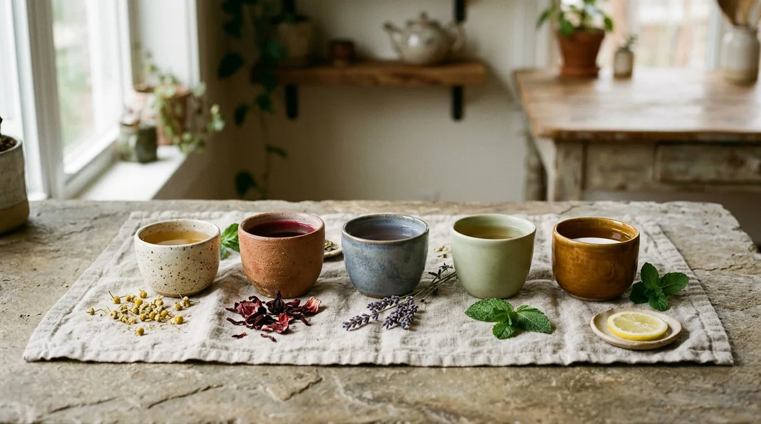 Five small ceramic cups of herbal tea on linen cloth with chamomile flowers, lavender sprigs, hibiscus petals, and mint leaves
