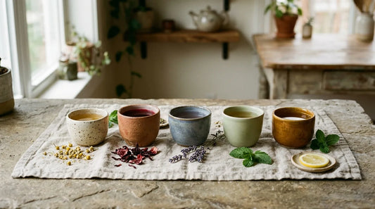 Five small ceramic cups of herbal tea on linen cloth with chamomile flowers, lavender sprigs, hibiscus petals, and mint leaves