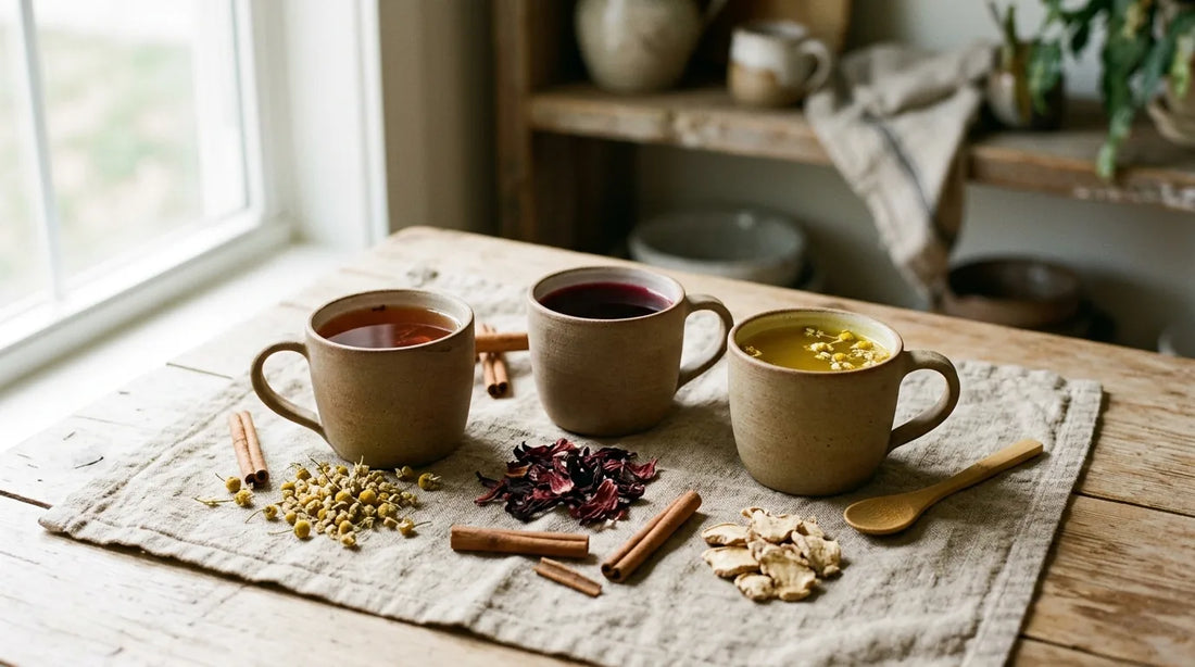 Three ceramic mugs of richly colored herbal tea in amber, ruby, and gold surrounded by dried chamomile flowers, hibiscus petals, cinnamon sticks, and ginger slices on a linen cloth