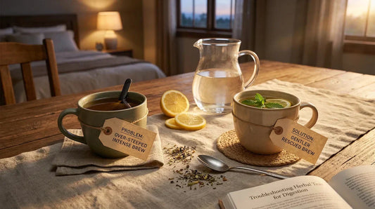 An editorial-style photograph on a rustic table showing a dark, over-steeped intense brew next to a pale golden, gentle rescued herbal tea.