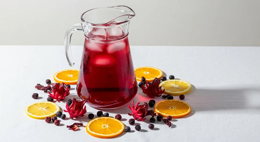 Glass pitcher of deep ruby hibiscus fruit tea with dried hibiscus flowers and citrus slices on a white linen surface