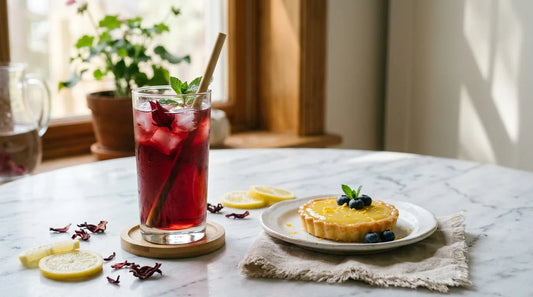 Tall glass of iced hibiscus tea beside a lemon tart on a marble surface with dried hibiscus petals — summer dessert pairing