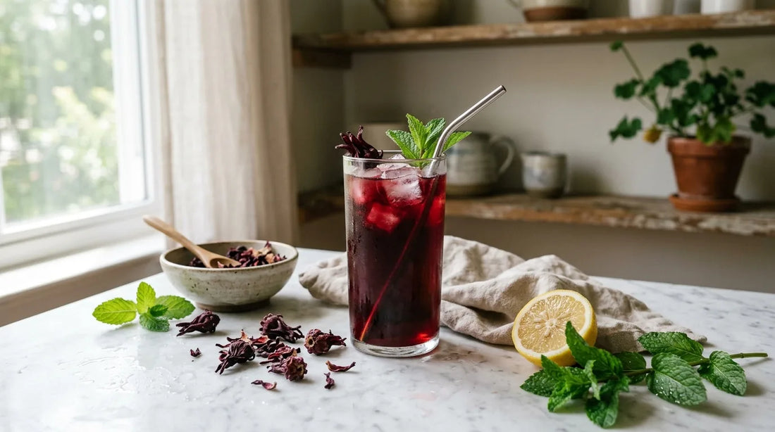 Tall glass of deep ruby iced hibiscus tea on marble with dried hibiscus flowers, lemon half, and mint sprigs