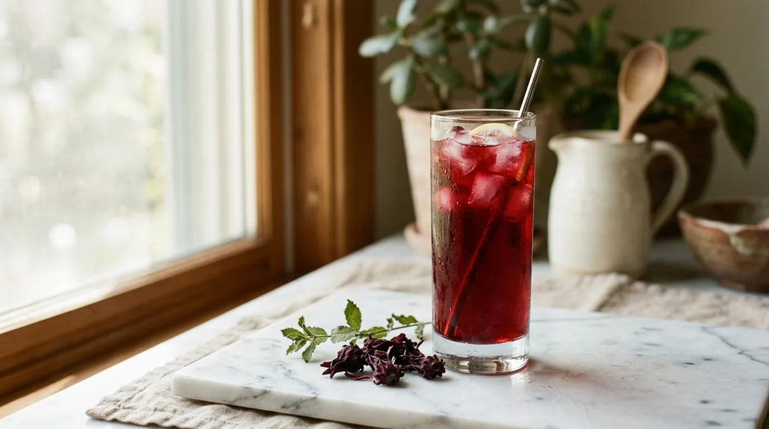 Tall glass of deep ruby hibiscus iced tea with condensation on a marble surface in warm summer light