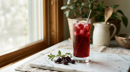 Tall glass of deep ruby hibiscus iced tea with condensation on a marble surface in warm summer light