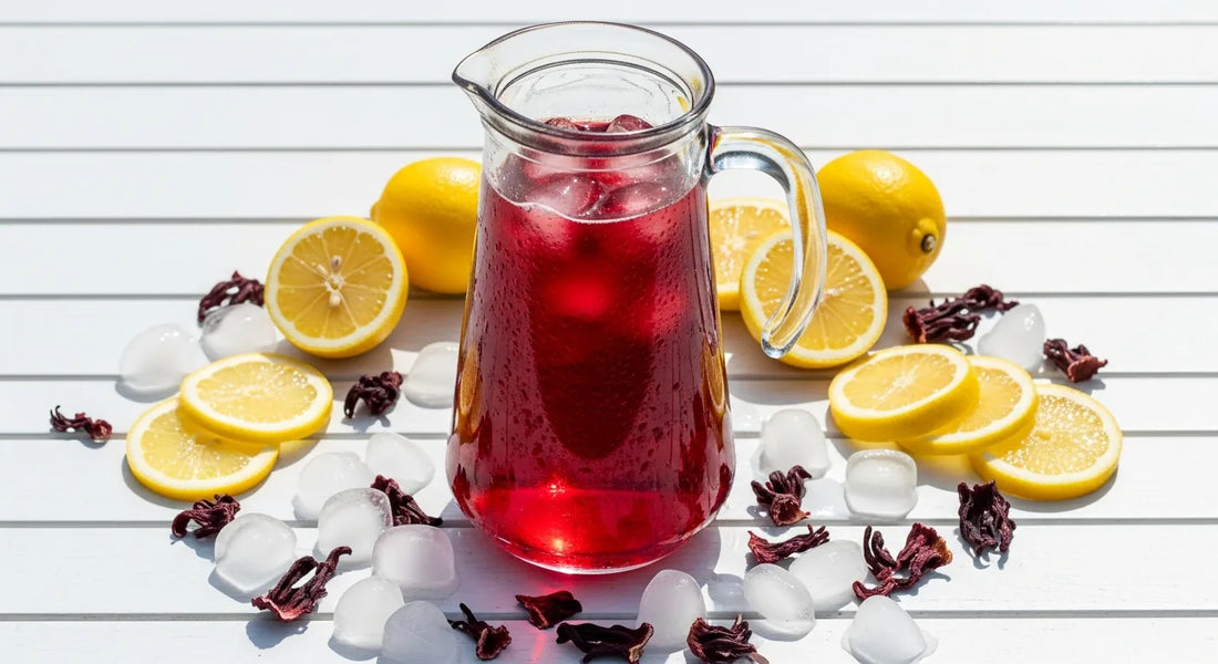 Tall glass pitcher of ruby-red hibiscus iced tea with lemon slices and ice on an outdoor table