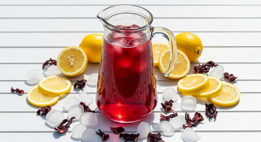 Tall glass pitcher of ruby-red hibiscus iced tea with lemon slices and ice on an outdoor table