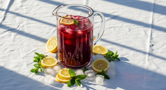 Large glass pitcher of hibiscus iced tea with lemon slices and mint sprigs on a linen-covered outdoor table