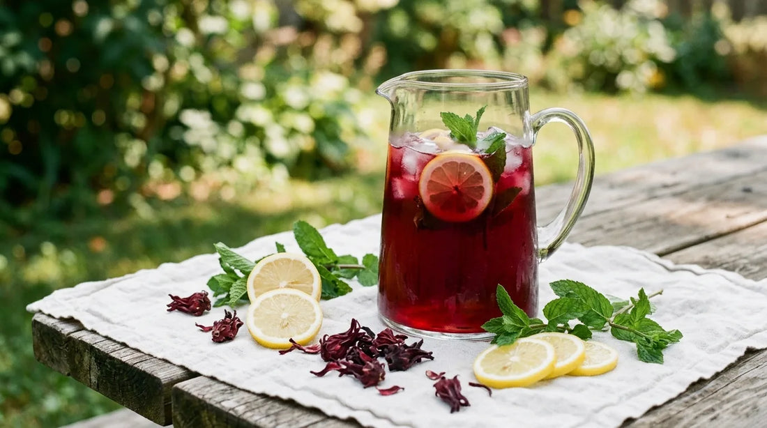 Glass pitcher of ruby hibiscus iced tea with lemon slices and mint sprigs on a wooden picnic table in summer sunlight