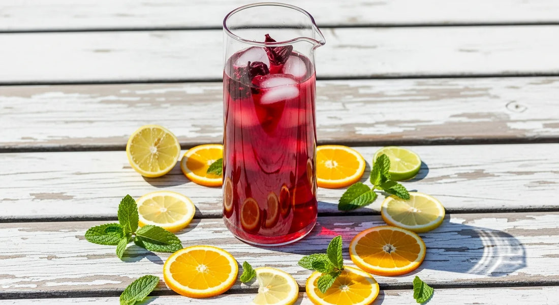 Glass pitcher of deep ruby hibiscus iced tea with citrus slices and mint on a wooden picnic table