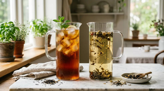 Two glass pitchers of iced tea on a marble surface — deep amber hot brew on the left and pale golden cold brew on the right with loose tea leaves visible inside