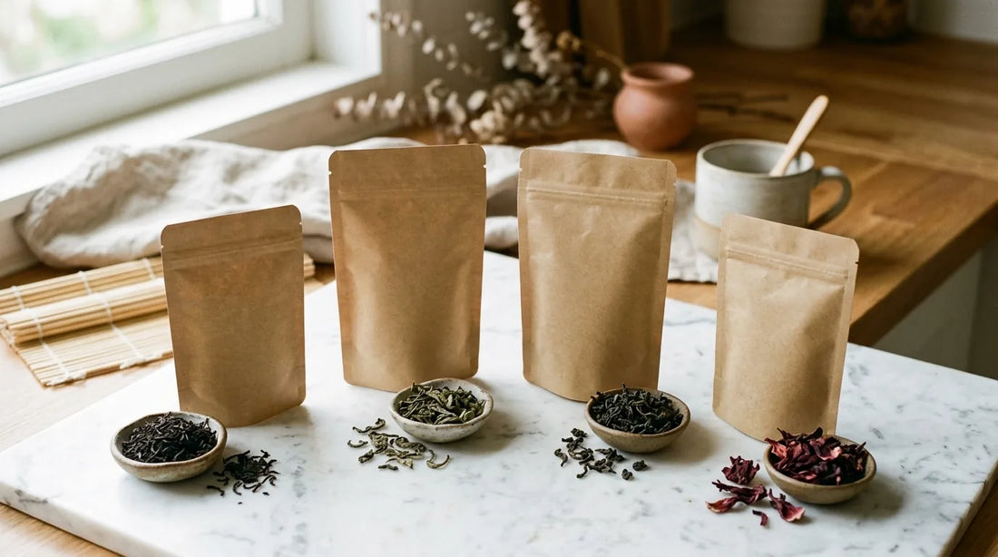 Four unbranded kraft tea pouches arranged on white marble with dried tea leaves and hibiscus petals