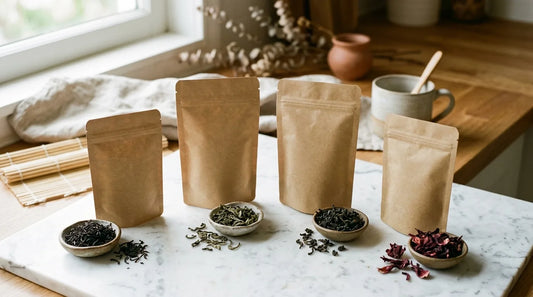 Four unbranded kraft tea pouches arranged on white marble with dried tea leaves and hibiscus petals