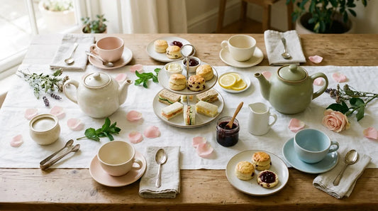 Overhead flat-lay of a home tea party table with ceramic teapots, mismatched pastel teacups, scones, finger sandwiches, and rose petals on a white linen tablecloth
