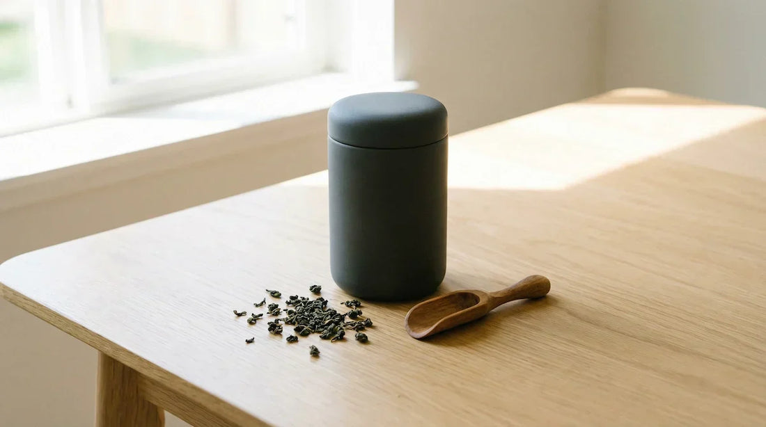 A bright, minimalist photo of an opaque airtight tea tin and a scoop on a wooden table, demonstrating how to store tea properly to protect flavor from light and air.