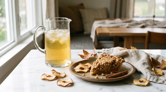 Glass pitcher of iced green tea beside a wedge of apple crumble on a marble surface — best tea pairing for apple desserts