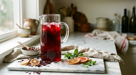Glass pitcher of deep ruby iced herbal tea with dried hibiscus, citrus rounds, and mint on a marble surface
