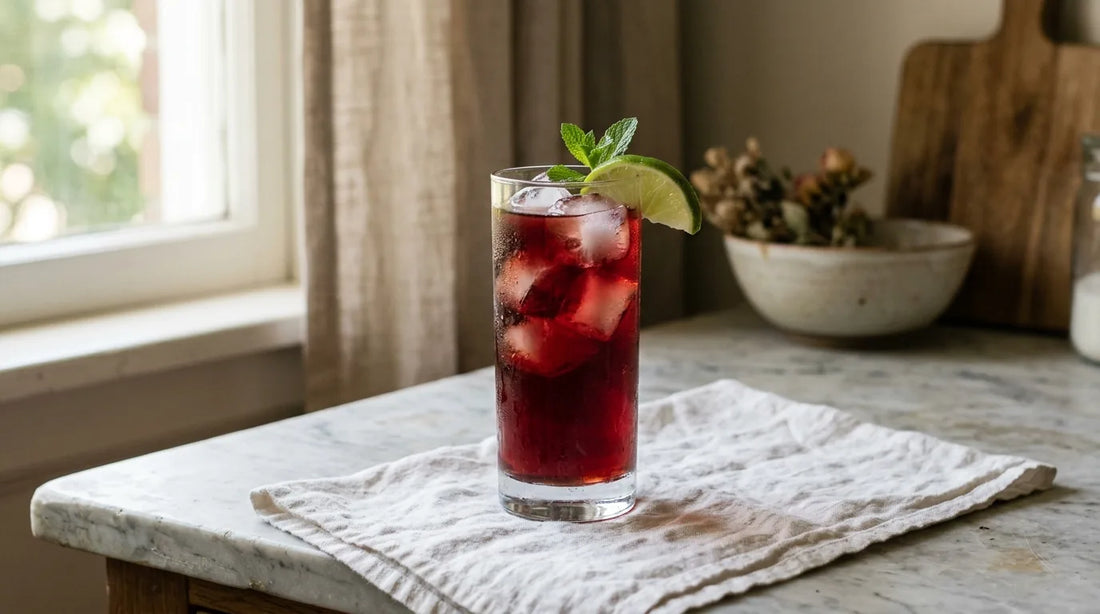 Tall clear glass of deep ruby hibiscus iced tea with large ice cubes and a lime wedge on a marble surface with white linen