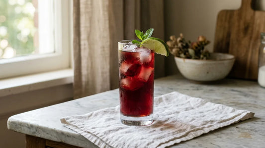 Tall clear glass of deep ruby hibiscus iced tea with large ice cubes and a lime wedge on a marble surface with white linen