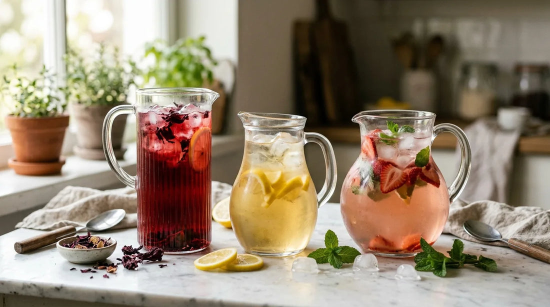 Three glass pitchers of summer iced tea blends in ruby, gold, and blush pink on a marble surface with hibiscus flowers and mint