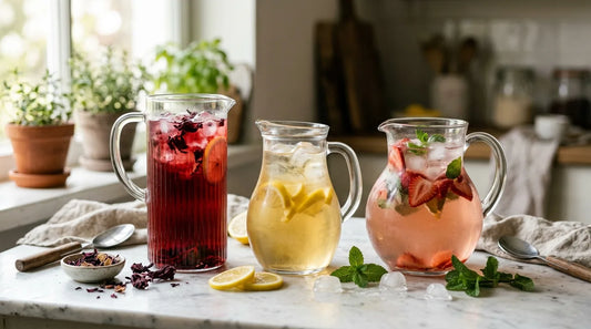 Three glass pitchers of summer iced tea blends in ruby, gold, and blush pink on a marble surface with hibiscus flowers and mint
