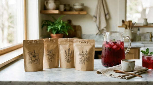 Curated iced tea gift set with kraft pouches and a glass pitcher of hibiscus iced tea on a marble surface