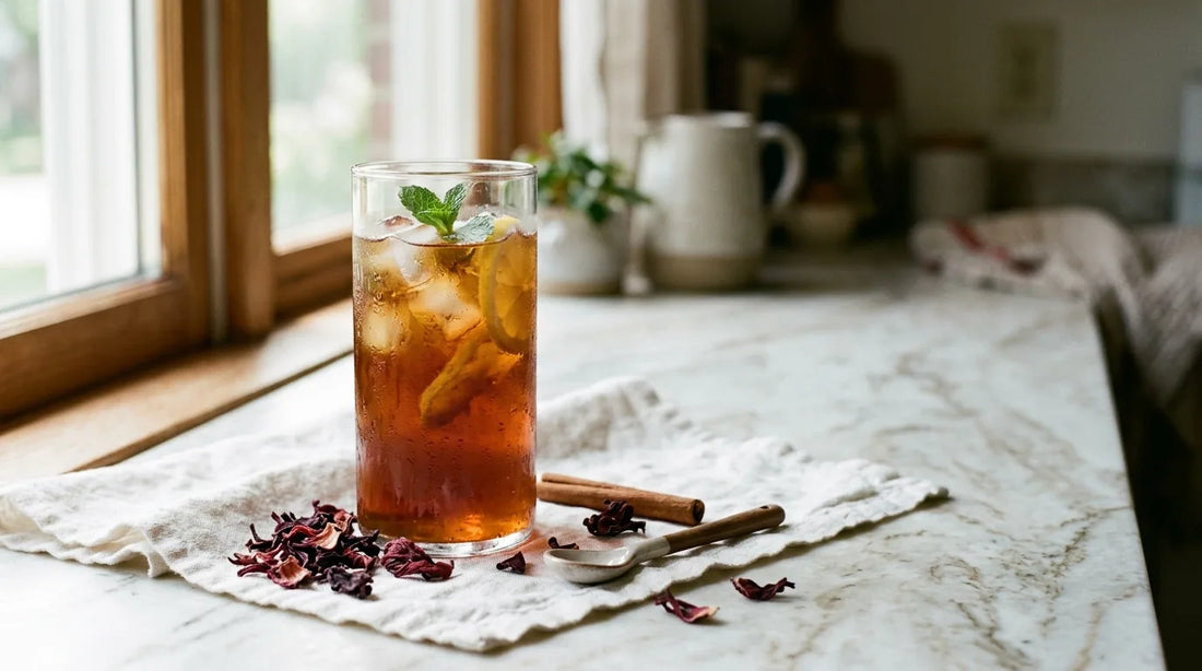 Tall clear glass of deep amber iced tea with ice cubes on a marble surface with dried hibiscus petals and cinnamon stick