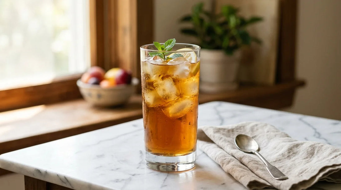 Tall clear glass of amber iced tea with ice cubes on a white marble surface with soft natural light and a linen napkin